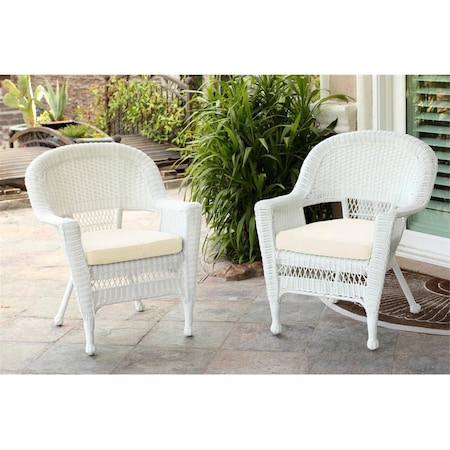 Jeco W00206-C-2-FS001-CS White Wicker Chair with Ivory Cushion, 2PK W00206-C_2-FS001-CS